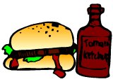 A burger and bottle of ketchup